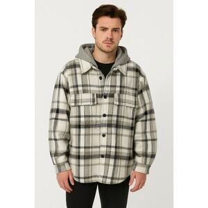 Zara Men's Plaid Shacket Button Up Hooded Shirt Jacket Cream Gray Black size L